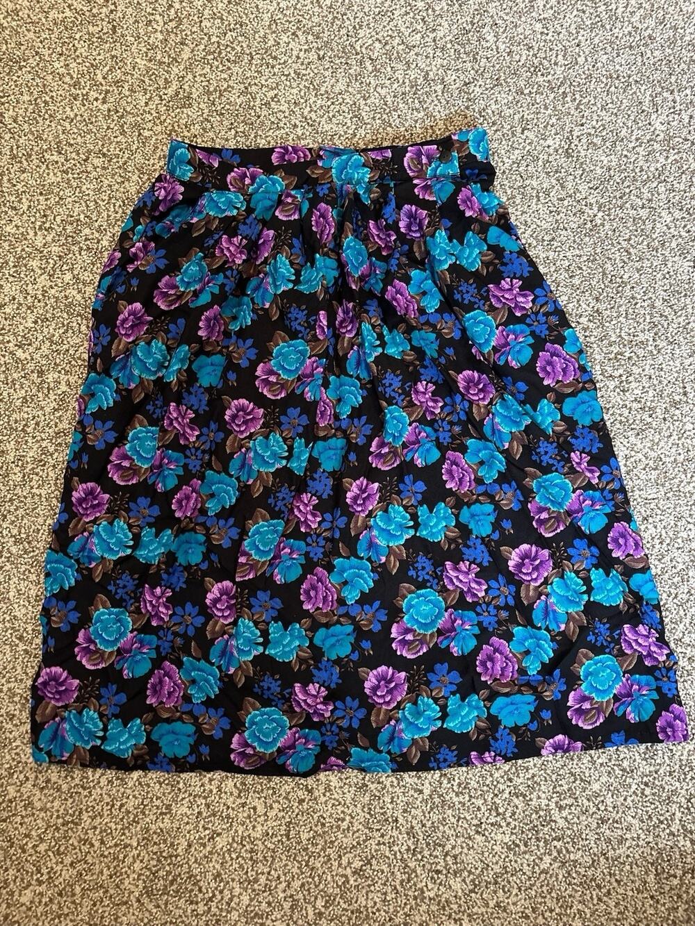 Vintage Dark Floral Midi Skirt M Black Purple Witchy Cottagecore 90s Soft Goth